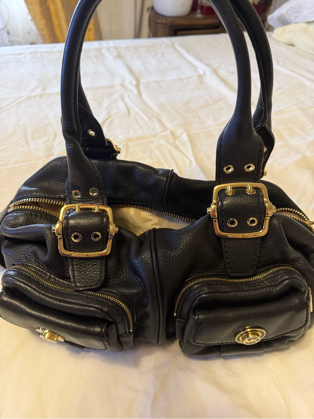 Michael Kors Black Leather Satchel with Gold Hardware